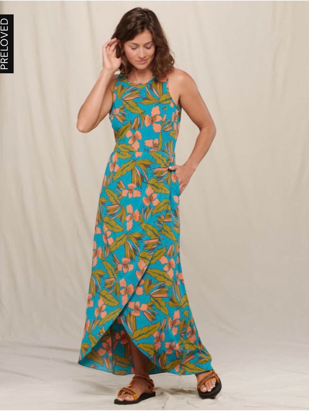 Toad&Co Teal Tropical Floral Maxi Dress with Coral and Olive Accents